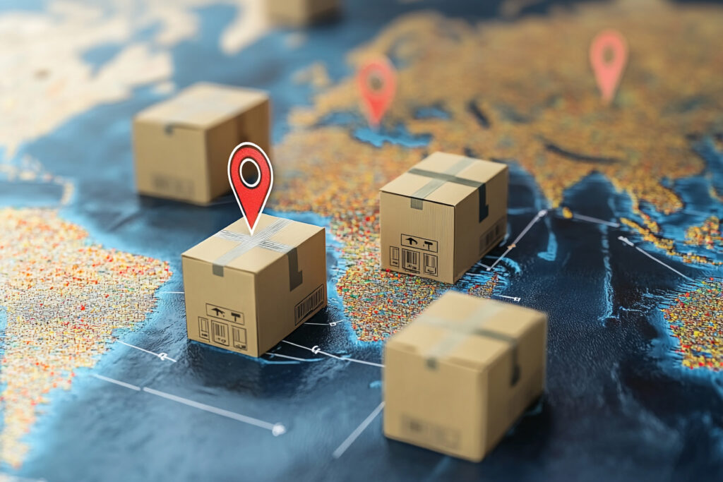 global logistics network concept cardboard boxes navigation symbol representing worldwide shipping